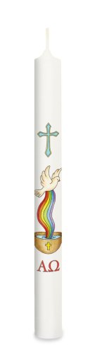 9" Watercolour Baptismal Candle - Cross, Dove & Rainbow Over Font - Single (8500072C)