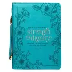 Large "She is Clothed Strength Dignity" Proverbs 31 Teal Floral Bible Cover, Faux Leather