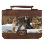 Large Be Strong and Courageous Mountain Lion, Toffee Brown Faux Leather Bible Cover - Joshua 1:9