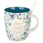 Saved by Grace Blue Floral Ceramic Coffee Mug with Spoon - Ephesians 2:8