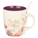 Be Still & Know Purple Floral Ceramic Coffee Mug with Spoon - Psalm 46:10