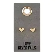 Earrings-Love Never Fails/Heart Studs On Leather Tag