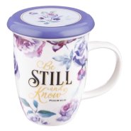 Be Still and Know Lidded Ceramic Mug in Purple - Psalm 46:10