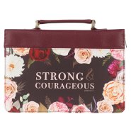 Large Strong and Courageous Merlot Floral Rose Bouquet Faux Leather Bible Cover  - Joshua 1:9