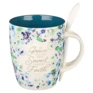 Saved by Grace Blue Floral Ceramic Coffee Mug with Spoon - Ephesians 2:8