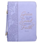 Large Saved by Grace Hydrangea Lavender Faux Leather Fashion Bible Cover - Ephesians 2:8