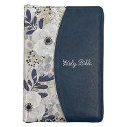 Blue Pearlized Floral Faux Leather Large Print Thinline K J V Bible with Zippered Closure and Thumb Index