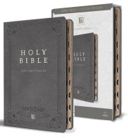 KJV Holy Bible, Giant Print Thinline Large Format, Gray Premium Imitation Leathe R with Ribbon Marker, Red Letter, and Thumb Index