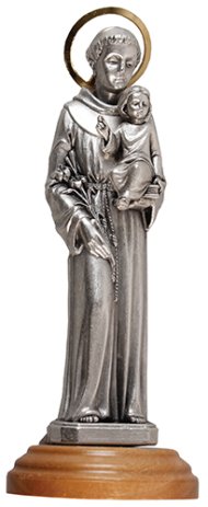 Saint Anthony Metal Statue on Olive Wood Base