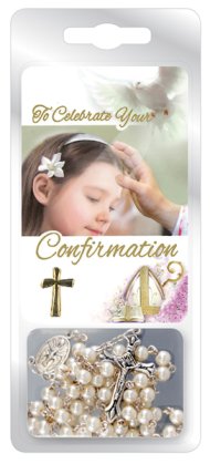 Confirmation Imitation Pearl Rosary with Card