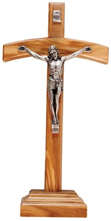 8 1/2" Olive Wood Standing Crucifix with Metal Corpus