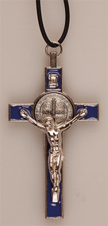 3" Blue Enamel St Benedict Metal Crucifix