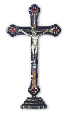 6" Blue Enamel Inlay Standing Metal Crucifix