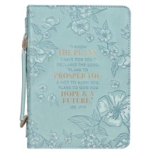 Large I Know The Plans I Have for You, Debossed Floral Teal Design Faux Leather Bible Cover - Jeremiah 29:11