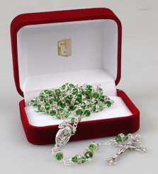 Green Glass Rosary with Crystal Ring