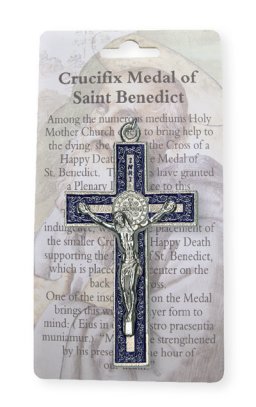 3" Blue Enamel St Benedict Metal Crucifix