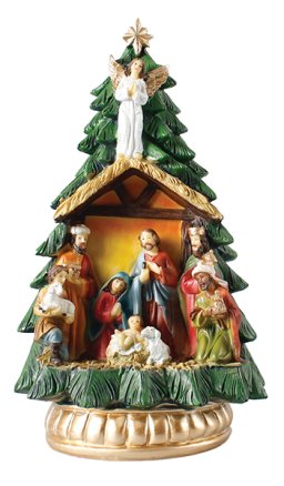 10" Full Colour Holy Family Resin Nativity In Christmas Tree