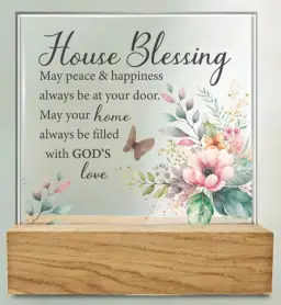 House Blessing Glass Plaque with Wood Base