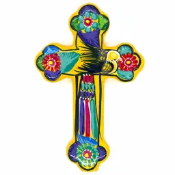 Mexican Painted Ornate Bird Cross - Yellow