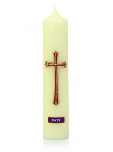 30" x 2" Paschal Candle with Red/Gold Cross with Alpha & Omega in Cross Wax Relief