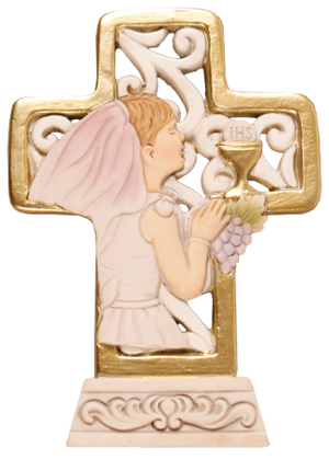 4" Resin Communion Cross for Girls with Gold Highlights