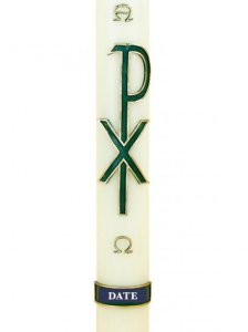 30" x 2" Paschal Candle with Px Green Cross with A & O in Cross Wax Relief