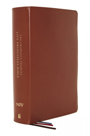 NIV, Charles F. Stanley Life Principles Bible, 2nd Edition, Genuine Leather, Brown, Thumb Indexed, Comfort Print, Concordance