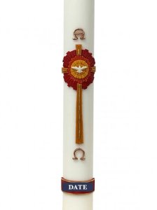 30" x 2" Paschal Candle with Red/Yellow Sun with Dove Wax Relief