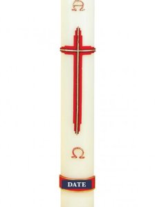 30" x 2" Paschal Candle with Simple Red & Gold Cross Design Wax Relief