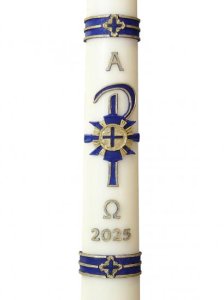 30" x 2" Paschal Candle with Blue Cross & Rays Design Wax Relief