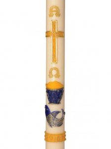 30" x 2" Paschal Candle with Alpha & Omega with Silver Fish Wax Relief