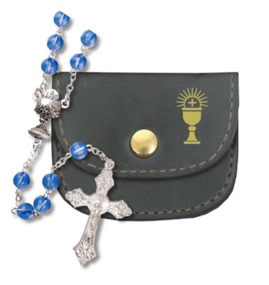 Blue Communion Glass Rosary In Purse