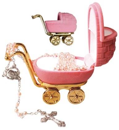 Imitation Pink Pearl Baby Rosary In Pram Box