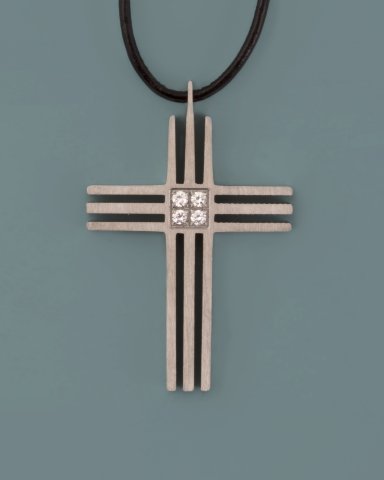 Grooved Cross & CZ Pendant on Leather Cord