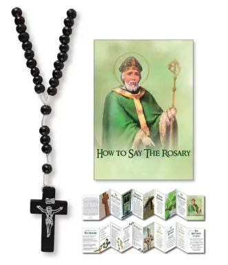 Black Wood Corded Rosary with Leaflet