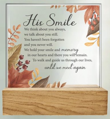 His Smile Glass Plaque with Wood Base