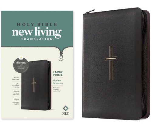 NLT Large Print Thinline Reference Zipper Bible, Filament Enabled (LeatherLike, Black Cross, Red Letter)