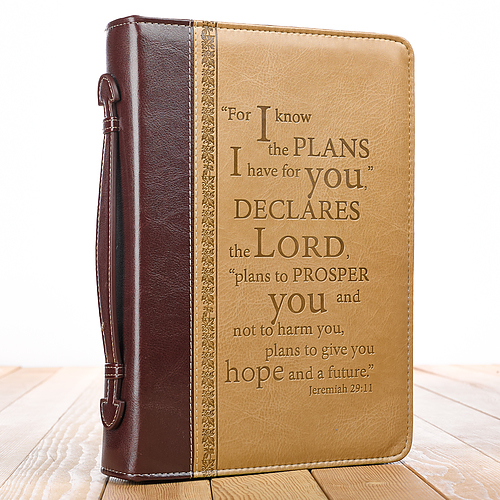 XL I Know The Plans - Jeremiah 29:11 Tan Faux Leather Bible Cover:  Zippered w/Handle