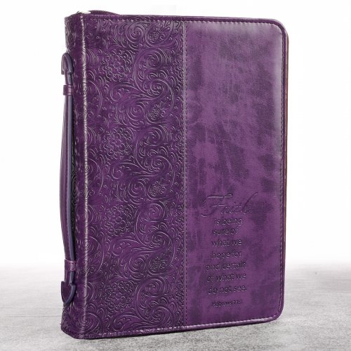 XL Purple Paisley Faux Leather Faith Zippered Bible Cover w/Handle -Hebrews 11:1