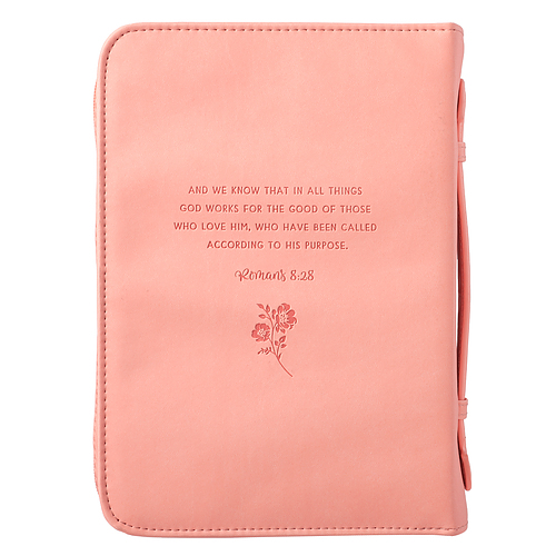 Large He Works All Things Peach Faux Leather Bible Cover With Handle - – Romans 8:28