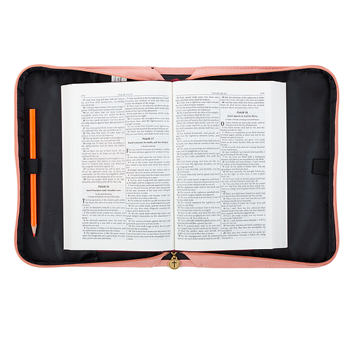 Large He Works All Things Peach Faux Leather Bible Cover With Handle - – Romans 8:28