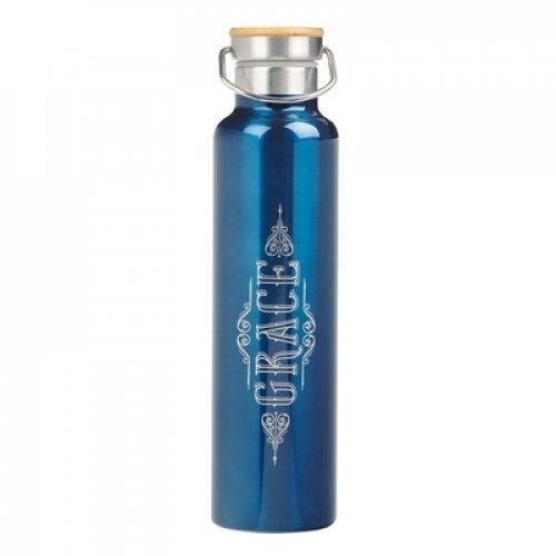 Laser Engraved Stainless Steel Double Wall Vacuum Insulated Water Bottle Engraved Carry Handle Lid/Eco-Friendly Hydration Bottle/24 Hour Hot or Cold, 25 oz, Grace, Metallic Blue