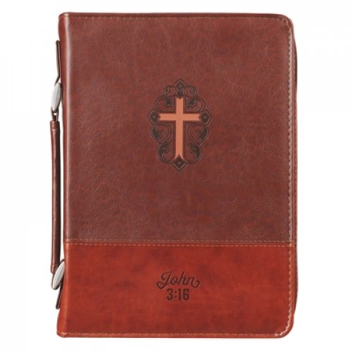 Large Cross John 3:16, Brown Faux Leather Classic Bible Cover