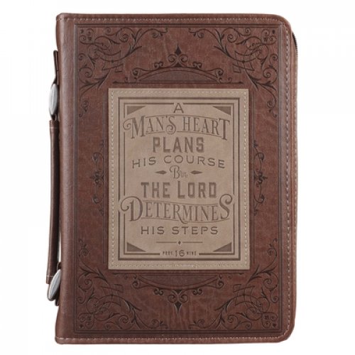 Large A Man's Heart, Brown/Tan Faux Leather Classic Bible Cover - Proverbs 16:9