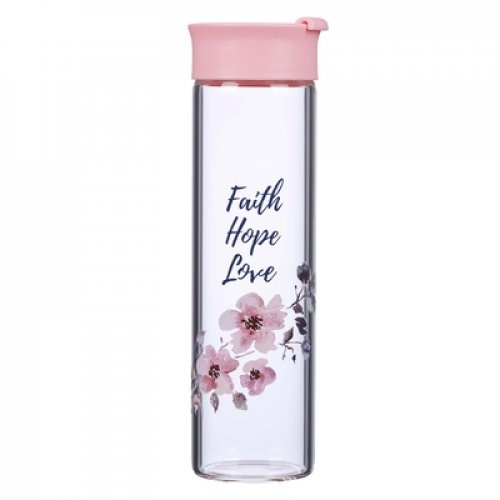 Water Bottle Glass Pink Faith Hope Love