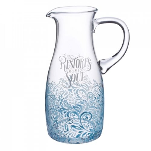 Glass Serving Pitcher with Handle - He Restores My Soul - Psalm 23