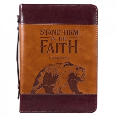 Large  Stand Firm in Faith Bear Brown Faux Leather Classic Bible Cover - 1 Corinthians 16:13