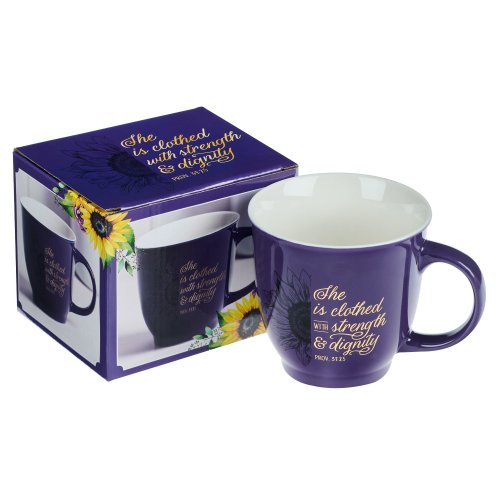 She is Clothed with Strength & Dignity Purple Ceramic Mug - Proverbs 31:25