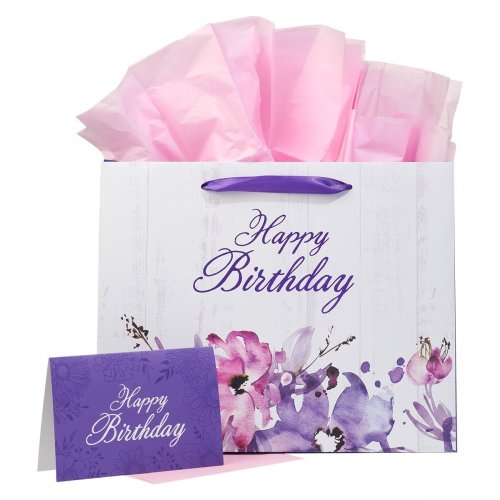 Gift Bag w/ Card LG Landscape White/Purple/Pink Happy Birthday