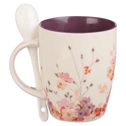 Be Still & Know Purple Floral Ceramic Coffee Mug with Spoon - Psalm 46:10